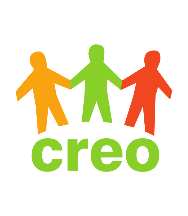 Logo CREO trzy kolorowe postacie, trzymające się za rękę