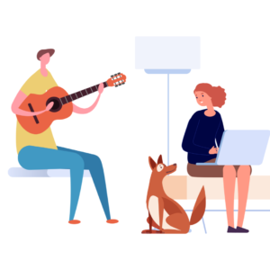 Kobieta pracująca przy komputerze patrzy z czułością na psa. Obok mężczyzna gra na gitarze.