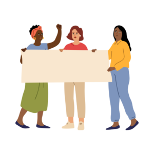 Trzy kobiety różnej narodowości trzymają tabliczkę. Są częścią manifestu.