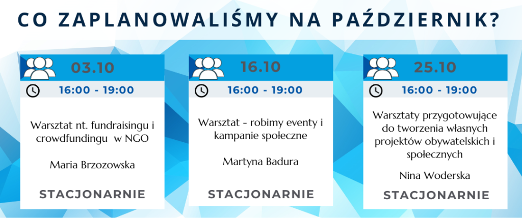 Co zaplanowaliśmy na październik. 3.10 Warsztat nt. fundraisingu. 16.10 Warsztat robimy kampanie i eventy. 25.10 Warsztaty przygotowujące do tworzenia własnych projektów