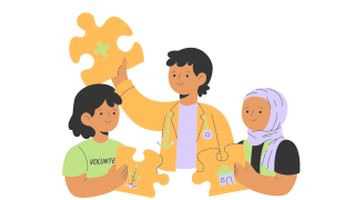 Grafika. Dziewczyna w koszulce z napisem "Volunteer", lekarz i kobieta w chuście - prawdopodbnie muzułmanka, trzymają puzzle z symbolami rośliny, pogotowia i domu.