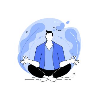 Grafika. Mężczyzna siedzi ze skrzyżowanymi nogami na podłożu. Dookoła niego chmurka z wijącymi się roślinami. Mężczyzna rozkłada ręce na bok w pozie medytacji.