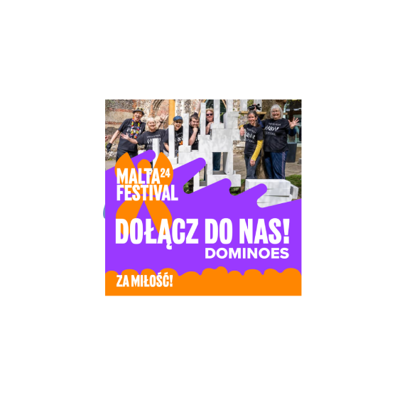 Plakat grafika malta festival 2024 dołącz do nas - dominoes - za miłość