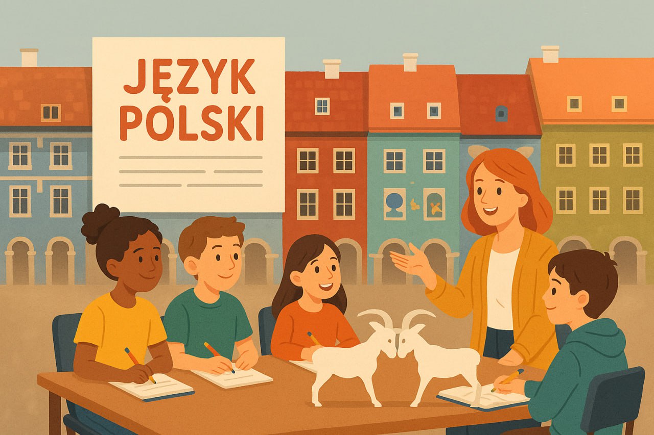Na stole stoją poznańskie koziołki. Przy stole siedzą uśmiechnięte dzieci. Notują coś w zeszytach. Obok nich stoi nauczycielka. W tle znajdują się kolorowe kamienice. Na nich biała kartka z napisem JĘZYK POLSKI.