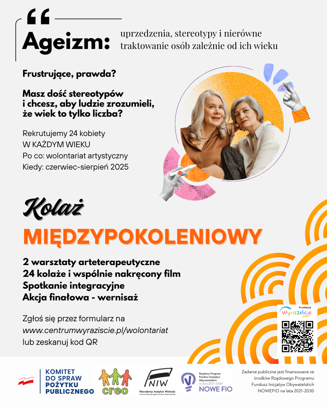 Plakat o ageizmie i kolażu międzypokoleniowym. Na dole logotypy: Komitet do Spraw Pożytku Publicznego, CREO, NIW, NOWE FIO.