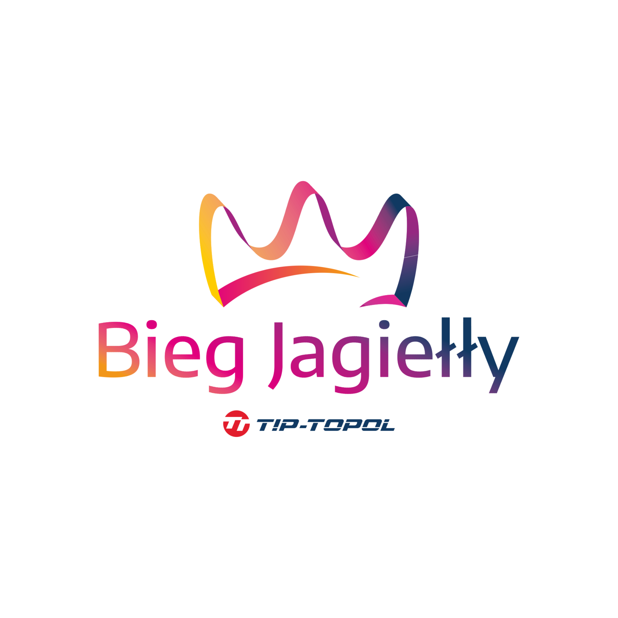 Logo Biegu Jagiełły. Na białym tle żółto-różowy kształt korony. Pod nim napis Bieg Jagiełły w podobnych kolorach. Jeszcze niżej logo T!P.TOPOL.
