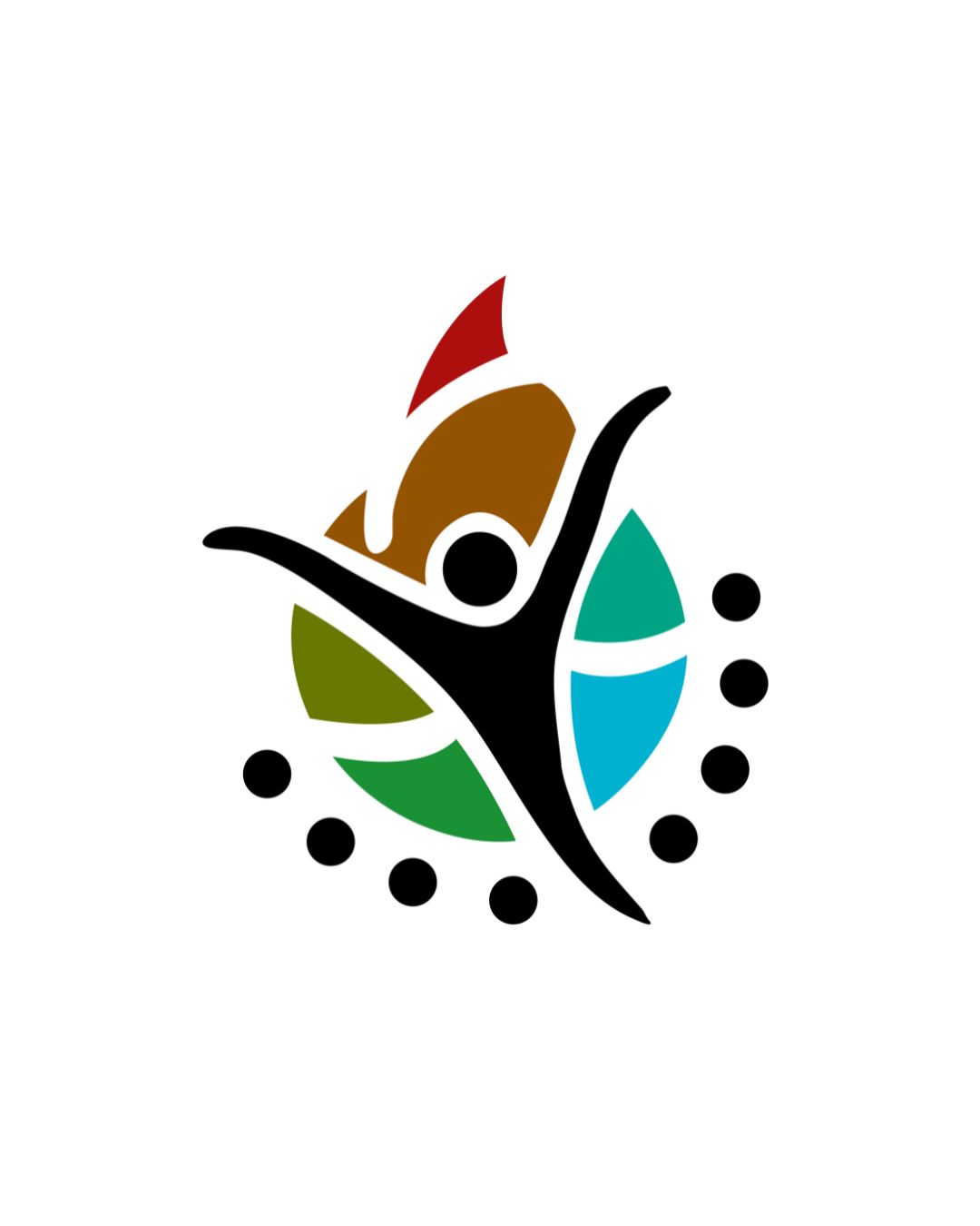 Logo Stowarzyszenia House of Passion. W tle koło podzielone na pięć części. Każda z nich w innym odcieniu zieleni, brązu i niebieskiego. Pod kołem w łuku osiem, małych, czarnych kropek. Na środku czarna postać z uniesionym rękoma.