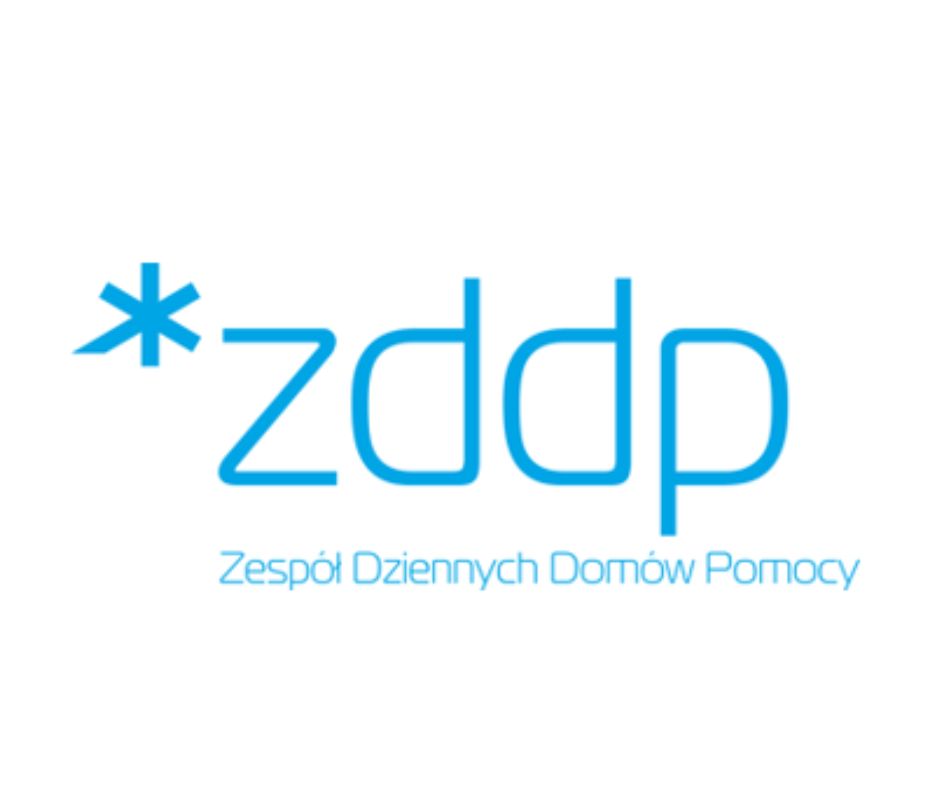 Logo Zespołu Dziennych Domów Pomocy. Na białym tle niebieskie napisy. W lewym górnym rogu gwiazdka. Obok skrót zddp. Pod spodem napis Zespół Dziennych Domów Pomocy.