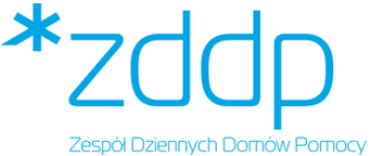 Logo Zespołu Dziennych Domów Pomocy. Na białym tle niebieskie napisy. W lewym górnym rogu gwiazdka. Obok skrót zddp. Pod spodem napis Zespół Dziennych Domów Pomocy.