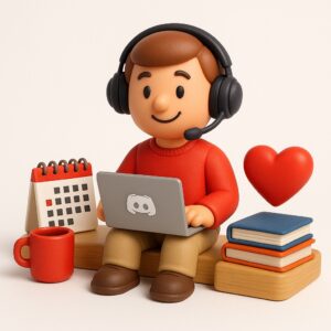 Grafika: uśmiechnięty chłopak ze słuchawkami i laptopem na kolanach. Obok niego dwie książki, z drugiej strony kalendarz biurkowy i kubek. Nad książkami wisi czerwone serduszko