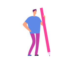 Grafika mężczyzny trzymającego duży ołówek.