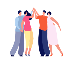 Grafika grupki młodych ludzi, którzy trzymają się w górze za ręce.