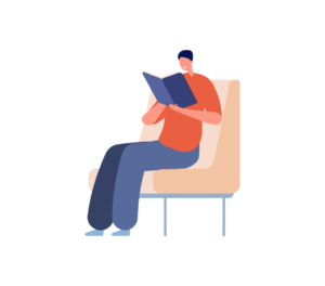 Grafika chłopaka siedzącego na fotelu i czytającego książkę.