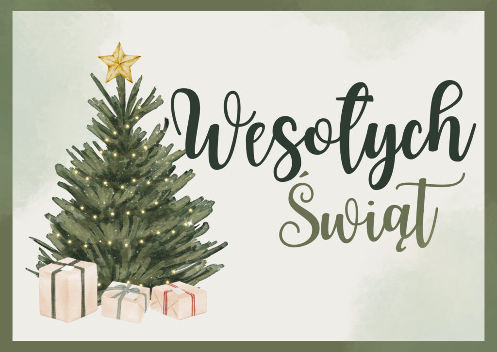 Obraz przedstawia choinkę z prezentami a obok znajduję się napis "Wesołych Świąt"