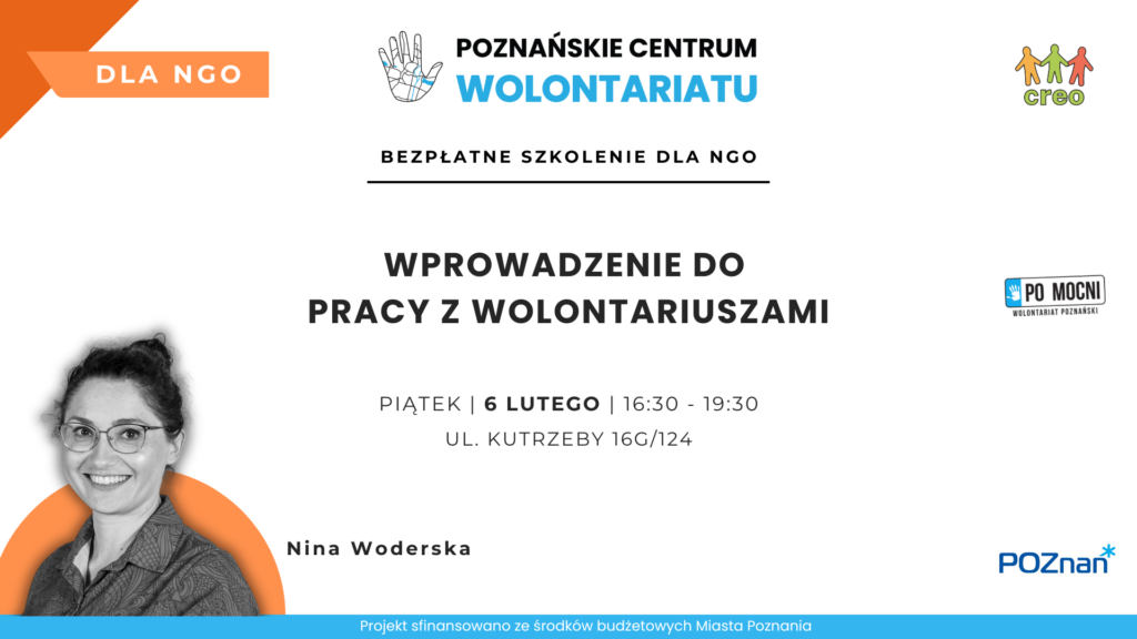 Grafika: wprowadzenie do pracy z wolontariuszami - bezpłatne szkolenie dla NGO. Poznańskie Centrum Wolontariatu.