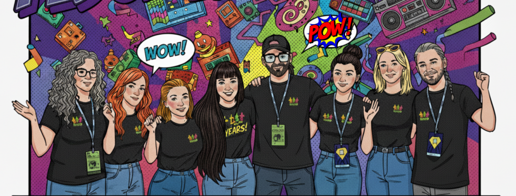 Komiksowy obrazek zespołu CREO. Grupa 8 osób obejmuje się za ramiona. W tle pop artowe znaczki typu: WOW i POW