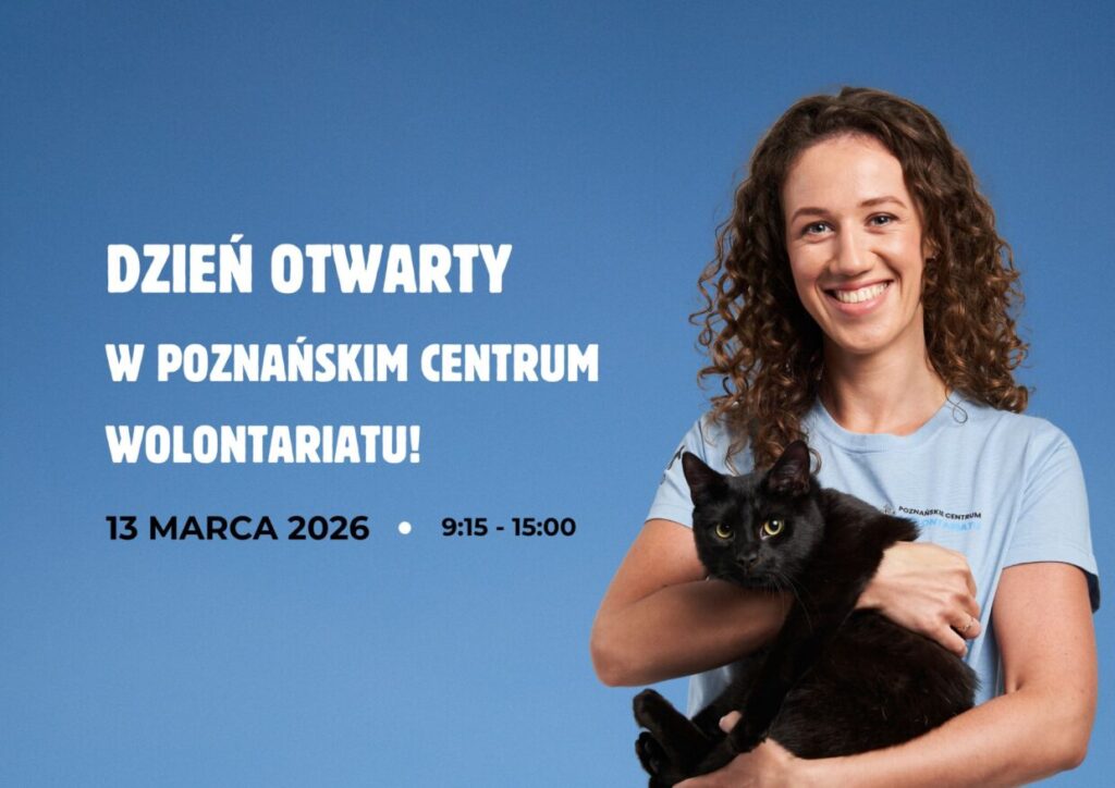 Plakat: dzień otwarty w pcw 13 marca 2026. Uśmiechnięta kobieta trzyma na rękach czarnego kota.