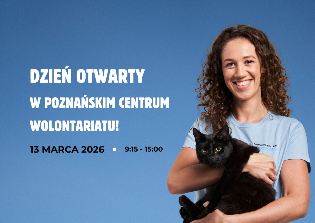 Plakat: dzień otwarty w pcw 13 marca 2026. Uśmiechnięta kobieta trzyma na rękach czarnego kota.